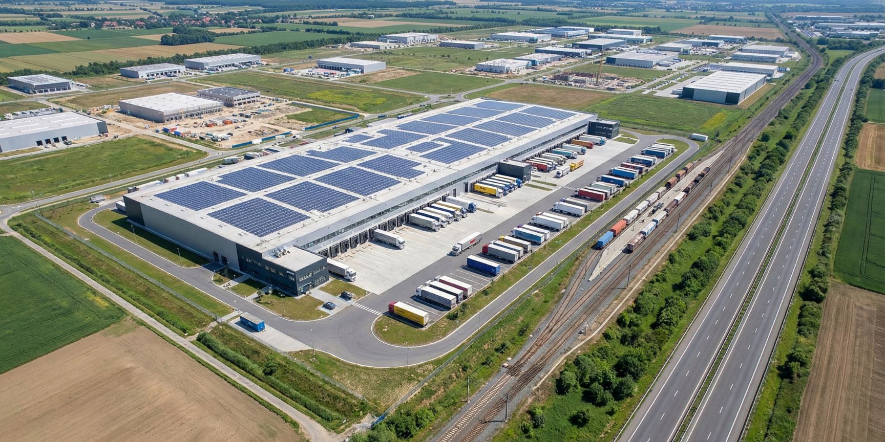 Aerial view of a modern, large-scale logistics property in an extensive industrial and commercial park. The main building has a roof full of solar panels and numerous loading ramps where several trucks and semi-trailers are parked or manoeuvred. The facility is directly connected to a multi-lane highway and a railway line with a freight train. In the background, other logistics buildings and construction sites are visible, surrounded by agricultural land. The picture illustrates the successful implementation of a logistics settlement in a designated area, including multimodal transport connections and sustainable energy generation